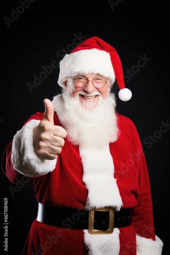 Happy santa claus showing thumbs up sign on black background