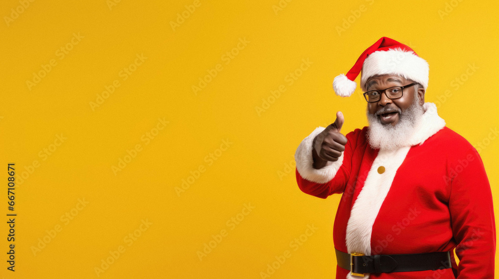 African american santa claus pointing finger up and smiling. christmas and new year celebration concept . African american santa claus pointing finger up and smiling. christmas and new year celebration concept .
