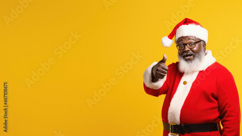 African american santa claus pointing finger up and smiling. christmas and new year celebration concept . photo