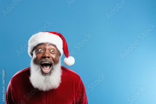 Excited african american santa claus with beard in santa costume looking away on blue background