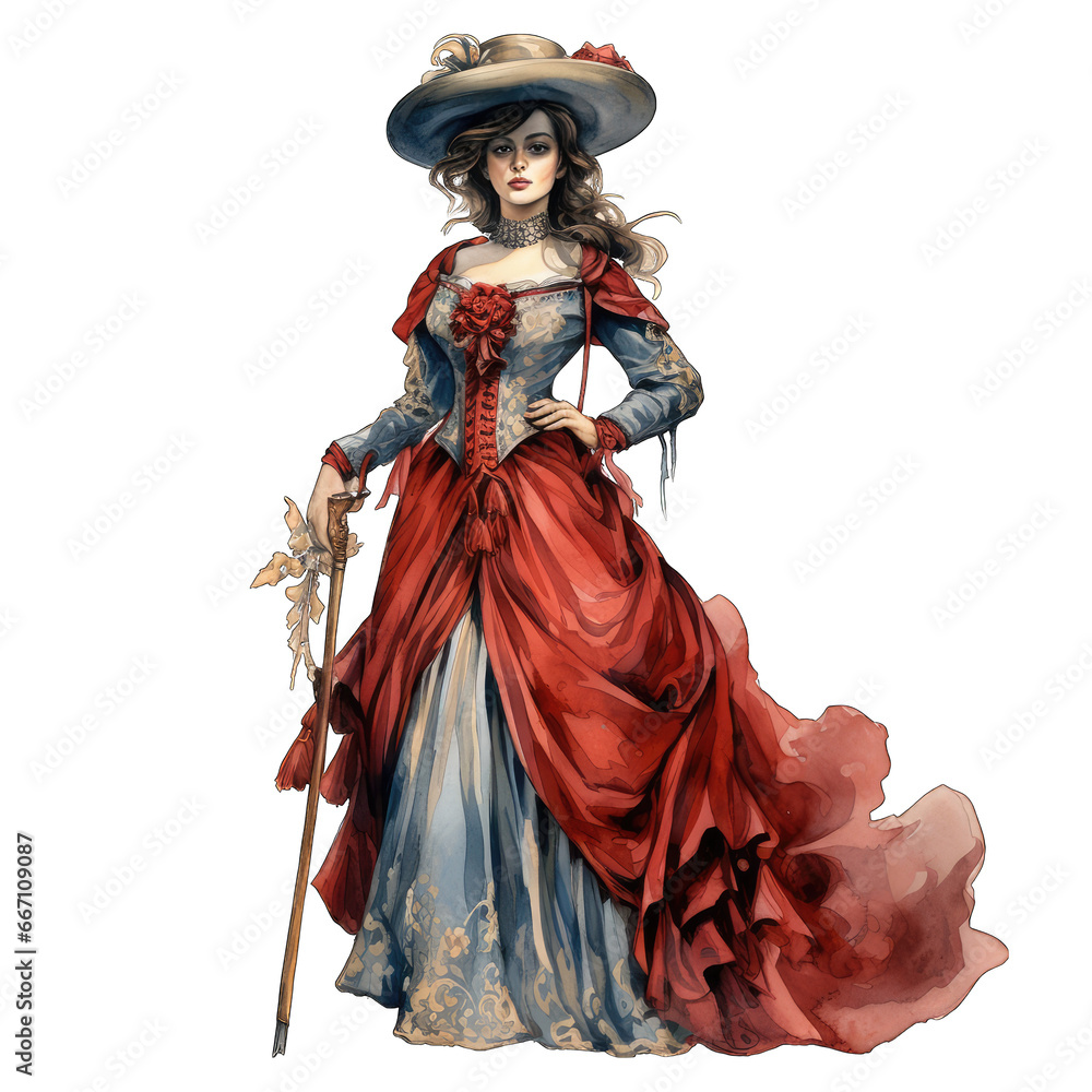 Wild west woman madame, wearing traditional madame style fashion from the 1800s. Isolated on white transparent background. Watercolor illustration