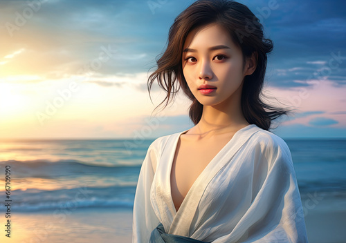 young asian woman standing on sunny beach at sunrise