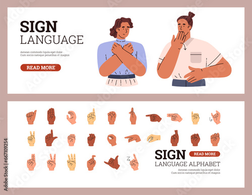 Set of website banner templates about sign language and alphabet flat style