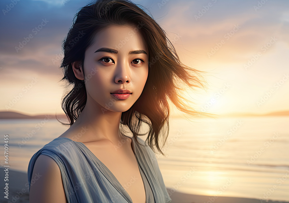 young asian woman standing on sunny beach at sunrise