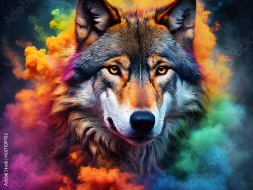 Wolf face with colorful explosion smoke © adidesigner23