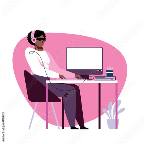 A vector image of an unseeing student while the remote study.