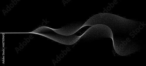 Flowing dots particles wave pattern 3D curve halftone white curve shape isolated on black background. Vector in concept of technology, science, music, modern.