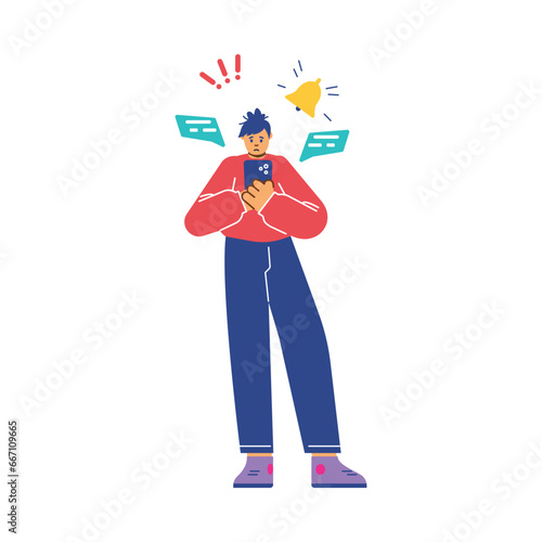 Man obsessed with social media and having FOMO disorder, flat vector isolated.