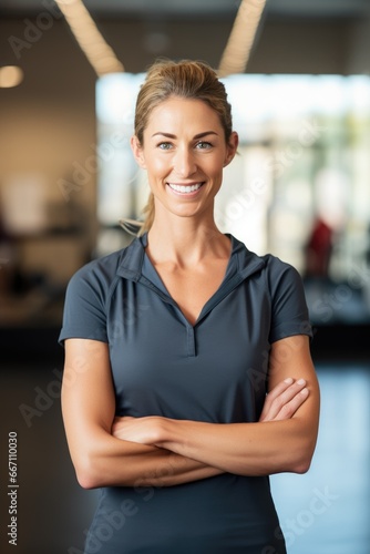 A professionally dressed physical therapist woman standing confidently and looking straight into the camera