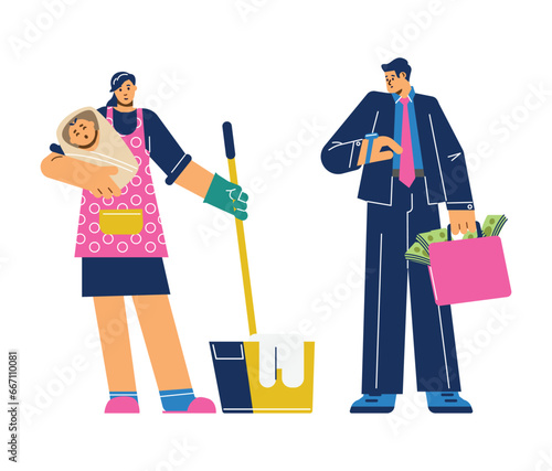Woman takes care of child and home and busy man earning money isolated vector illustration.