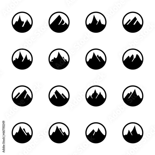 Mountain peaks badge silhouettes. Isolated mountain. Mountain, rock, hill, peak logos. Vector stock illustration.