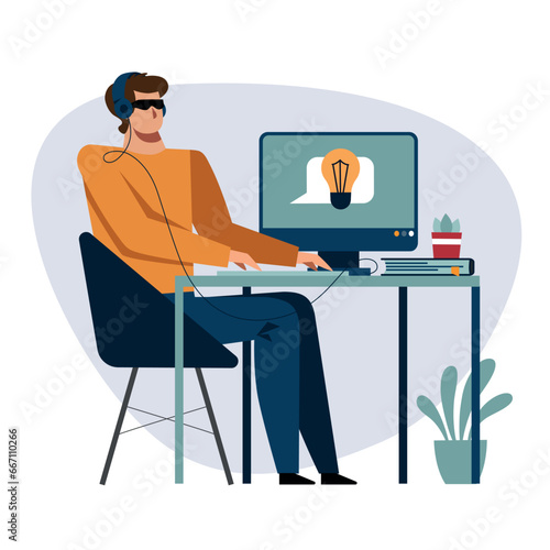 A vector image of an unseeing student while the remote study.