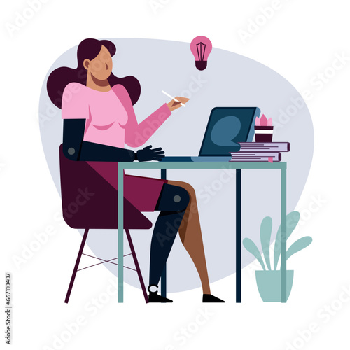 A vector image of a student with a prothesis while the remote study.