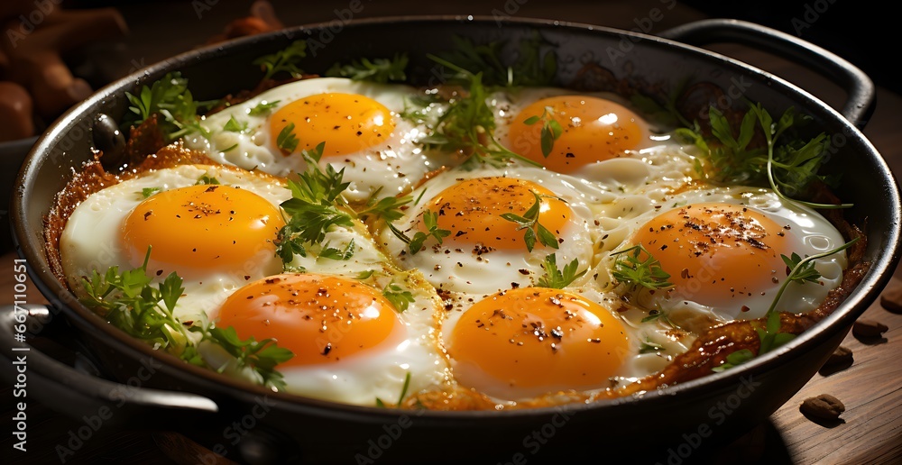 fried egg with fresh parsley in a cast iron skillet
