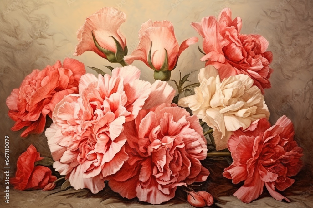 A beautiful painting featuring a bunch of pink and white flowers. Perfect for adding a touch of elegance and nature to any space. A beautiful painting featuring a bunch of pink and white flowers. Perfect for adding a touch of elegance and nature to any space.