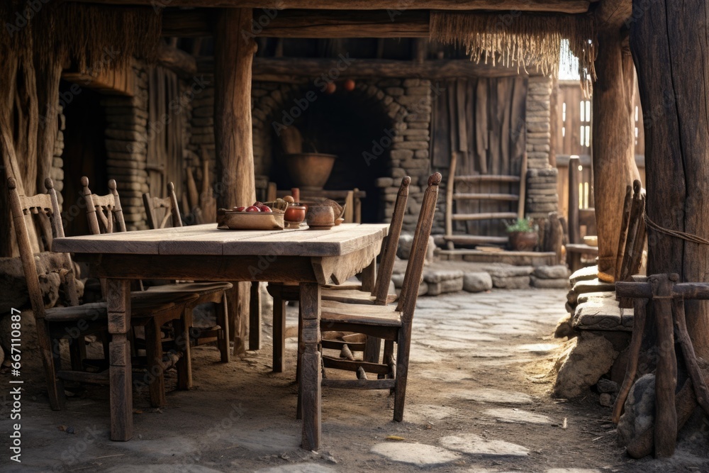 A picture of a table and chairs placed in front of a traditional hut. This image can be used to depict a cozy outdoor seating area or a rustic setting. A picture of a table and chairs placed in front of a traditional hut. This image can be used to depict a cozy outdoor seating area or a rustic setting.