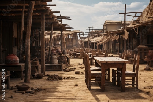 A wooden table placed in the middle of a dirt road. This image can be used to depict a rustic outdoor setting or a countryside scene.