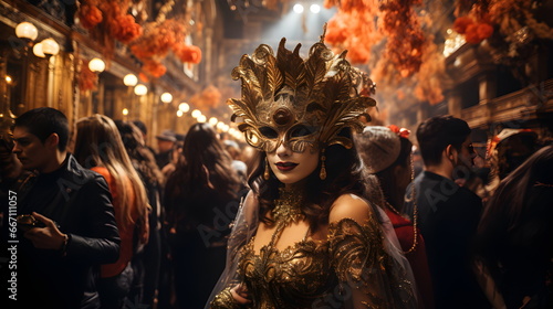 New Year's carnival. Holiday, luxury. People in golden masks. A girl in a romantic image. © DIVO