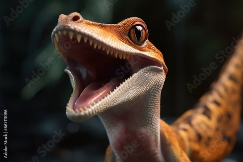 A detailed close-up image of a lizard with its mouth wide open. 