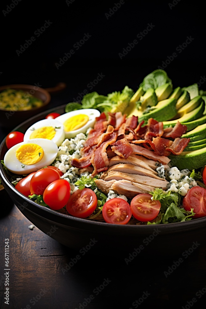 Healty Plate of Food made of a Cutted Steak mixed with some Salad, Tomatoes, Mais, Egg and Avocado. Many Vegetables. Plate full of Vitamins an Proteins.