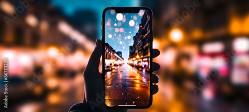 Phone in hand. Photographs the city at night. Bokeh. Bright colors. Focusing