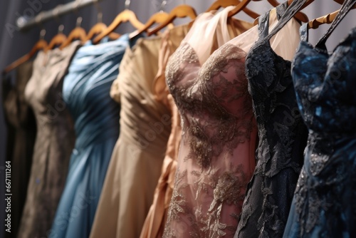 A row of dresses hanging on a rack. Perfect for fashion displays or clothing stores.