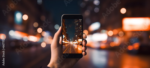 Phone in hand. Photographs the city at night. Bokeh. Bright colors.