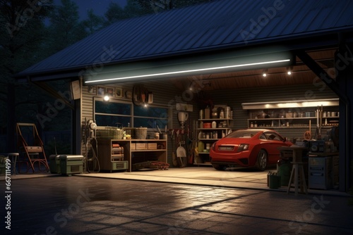 A red car is parked in a garage. This image can be used to depict parking, car maintenance, or storage.