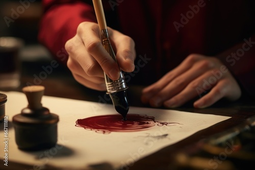 A person using a brush to create artwork on a piece of paper. This image can be used for various creative projects.