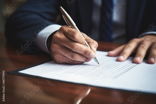 A man in a suit signing a document with a pen. This image can be used to depict business, paperwork, contracts, or official agreements. photo