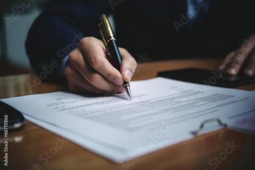 A person is pictured signing a document with a pen. This image can be used to represent the act of signing important paperwork or contracts.