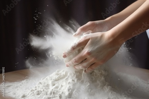 A person is kneading a pile of flour on a table. This image can be used to showcase the process of baking or cooking.