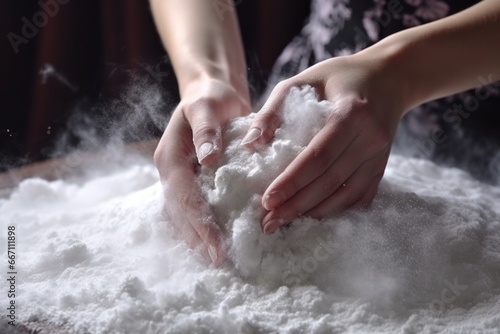 A woman is seen in the process of making dough with white flour. This image can be used to depict cooking, baking, or homemade recipes.