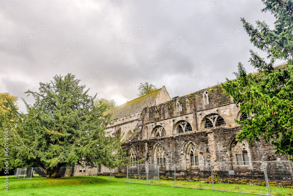 Dufftown Region, Scotland - September 25, 2023: The ruins of the historic cathedral in Dunkeld, Scotland
