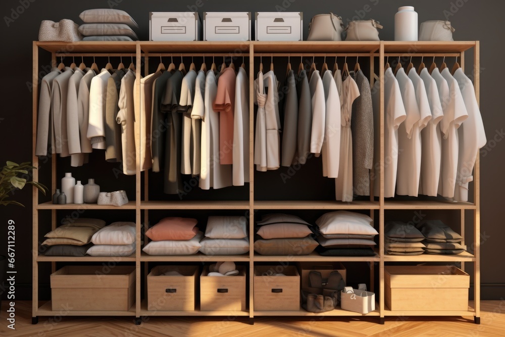 A cluttered closet filled with a variety of clothes and boxes. Ideal for illustrating organization, storage, or fashion themes