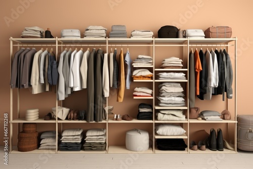 A closet filled with a wide variety of clothes and shoes. This image can be used to showcase a large wardrobe or to depict fashion and style. © Fotograf