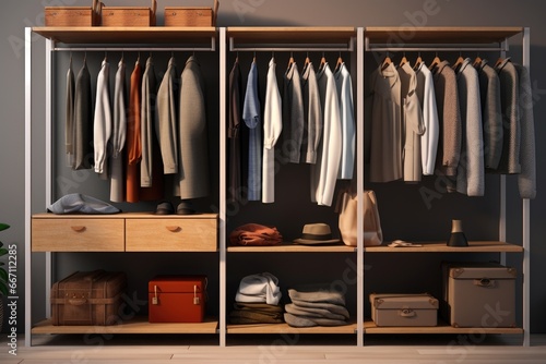 A walk-in closet showcasing a vast collection of clothing options. This image can be used to depict fashion, wardrobe choices, or the concept of abundance © Fotograf