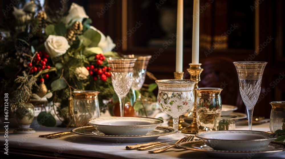 A beautifully set New Year's dinner table with fine china and crystal glasses.