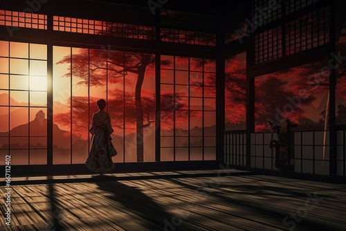 A woman wearing a traditional kimono stands gracefully in front of a window.  photo