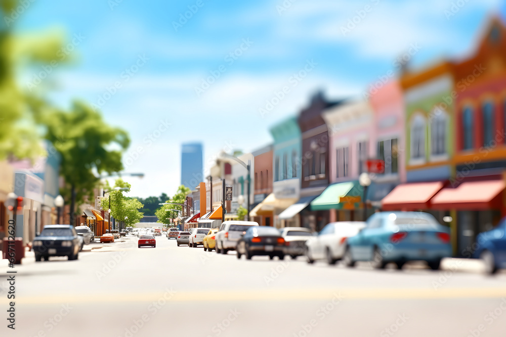 Obraz premium American town street view at sunny summer day. Neural network generated image. Not based on any actual scene.