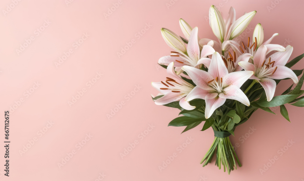 Delicate white lilies on a soft pink background. Delicate white lilies on a soft pink background.