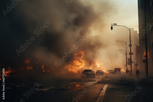 A raging fire engulfs a city street, causing chaos and destruction. This intense image captures the urgency and danger of the situation. Perfect for illustrating disasters or emergency situations photo