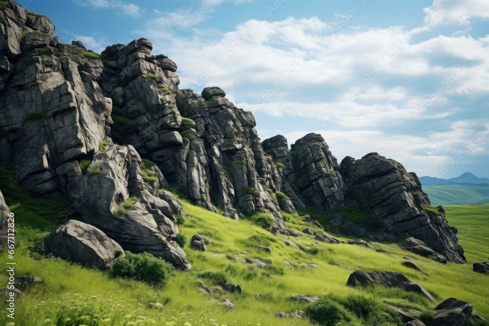 A picturesque grassy hill with scattered rocks and vibrant green grass. Perfect for nature and landscape designs or illustrating the beauty of outdoor scenery