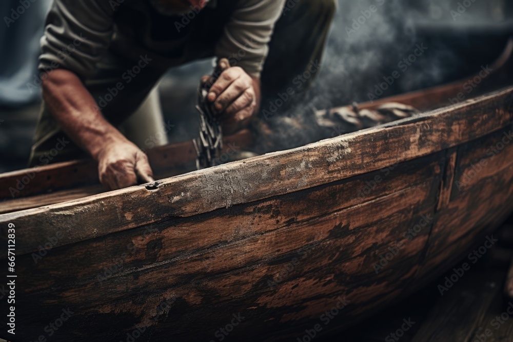 A man is seen diligently working on a wooden boat. This image can be used to depict craftsmanship, woodworking, or boat building