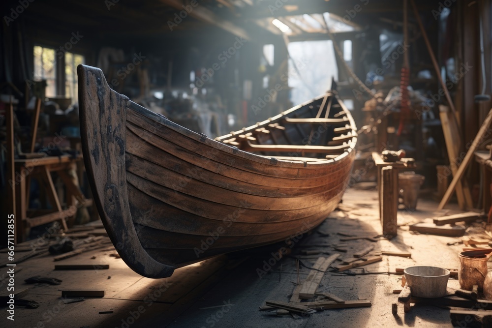 A wooden boat is being constructed in a workshop. This image can be used to showcase the craftsmanship of boat building and the process of creating a handmade vessel