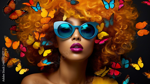 beautiful girl with colorful hair and sunglasses and butterflies, blue sunglasses