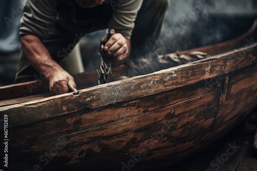 A man is seen diligently working on a wooden boat. This image can be used to depict craftsmanship, woodworking, or boat building photo