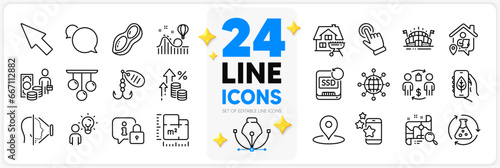 Icons set of Sports arena, Mouse cursor and Pin line icons pack for app with Ecology app, Cursor, Fishing lure thin outline icon. Peanut, International globe, Face id pictogram. Lock. Vector