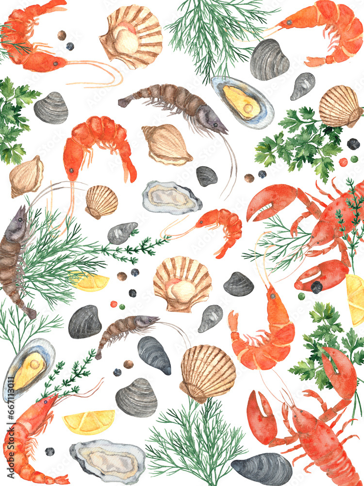 Illustration of seafood. Lobsters, shrimps, oysters, mussels, clams, spices and herbs for seafood. Watercolor hand-drawn elements. Restaurant Gift Certificate, restaurant menus, cooking book, flyer