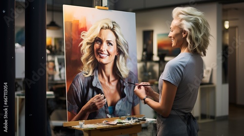 A Beautiful Blonde Woman Painting another Fashinating Lady Smiling Towards the Painter.